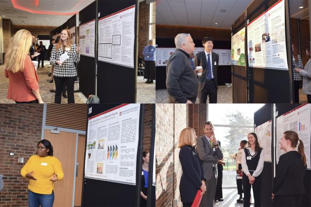 Collage of 4 photographs that show students participating in a poster competition
